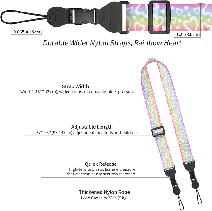 5 Pack Adjustable Shoulder Strap, Nylon Camera Strap, Comfortable Neck Strap for iPad, Cellphone Tablet, Camera, Laptop, Binocular, Luggage Bag (Rainbow Heart Universal Lanyard)
