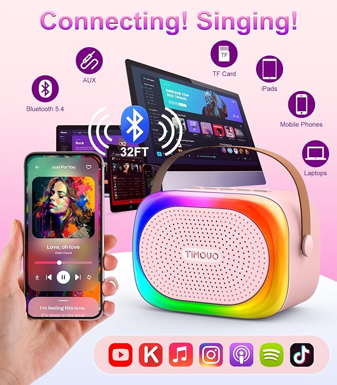 TiMOVO Mini Karaoke Machine, Portable Bluetooth Speaker with 2 Wireless Microphones and LED Lights, Birthday Gifts for Family Home Party, Pink