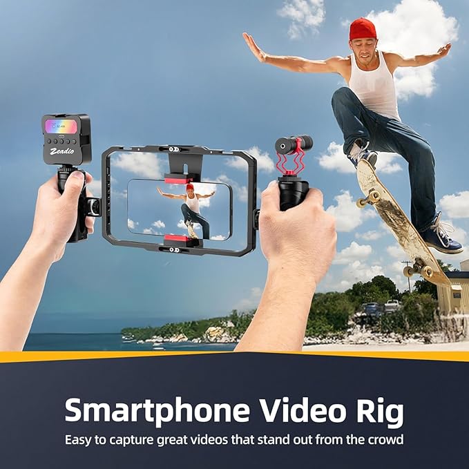 Zeadio Camera Handheld Stabilizer with Aluminum Smartphone Video Cage Rig, Triple Cold-Shoe Handle Grip, Compatible with All Camera Action Camera DSLR Smartphones