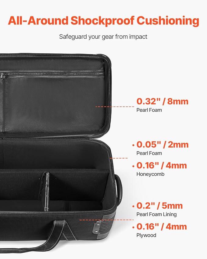 VEVOR Studio Equipment Trolley Case, 51.57 x 14.37 x 14.96 in / 131 x 36.5 x 38 cm, Rolling Camera Bag, Carrying Bag with Wheels Straps Padded Compartment Handle, for Light Stands, Tripods, Telescopes