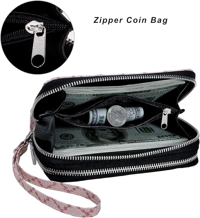 Cellphone Wallet for Women Dual Zipper Long Purse with Removable Wristlet