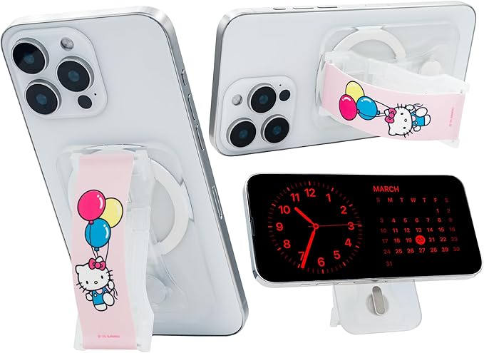 Hello Kitty® Balloons on Clear MagSafe Compatible Magnetic Phone Grip with Kickstand – Silicone Phone Strap for Smartphones & Tablets