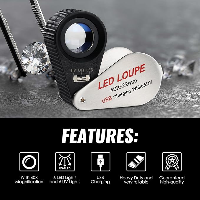 40x Jewelers Loupe Magnifier with UV & LED Lights, 22mm Triplet Lens Rechargeable Jewelers Loupe Foldable Jewelry Magnifier Portable Jewelry Magnifier Inspection Loupe for Gems, Jewelry, Coins, Rocks