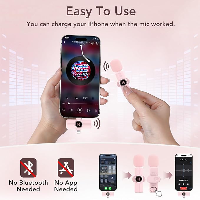 USB C Mini Wireless Lavalier Microphone for iPhone 15 16, iOS and Android Devices - Noise Reduction Lapel Mic for Recording, Clip Omni Lav Mic for Video Recording, Tiktok, Youtube, Vlog (Pink)