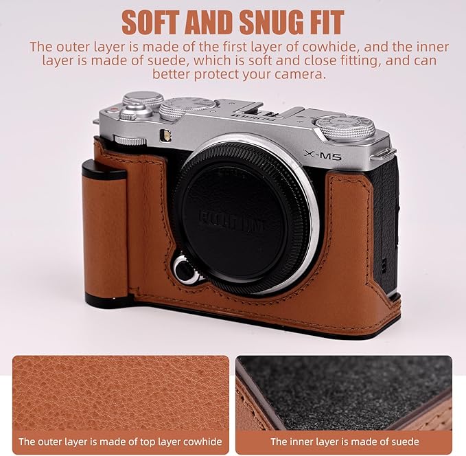 Uchandmade Handmade Genuine Leather Camera Half Case for Fujifilm X-M5/Fujifilm X-M5 Camera Case/Fujifilm X-M5 Case - Top Layer Cowhide Body + Metal Base Plate+ Hand Shank Design (Brown M-BOX)