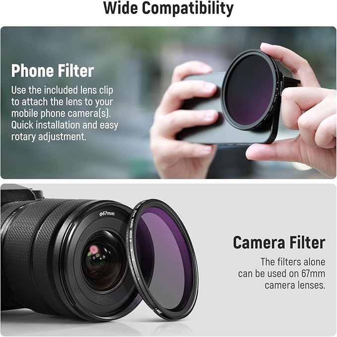 NEEWER 67mm Clip On Variable ND Filter Kit with Cold Shoe Phone Clip, Adjustable ND2-32 Filter Compatible with iPhone 17 16 15 Pro Max Plus Android Samsung Galaxy S24 S25 Ultra