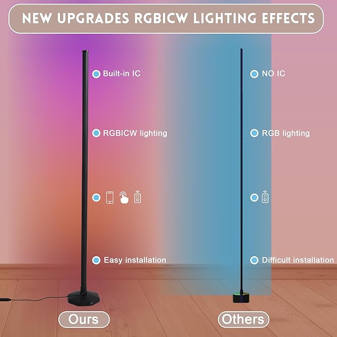 RGB Lamp for Any Room, LED Corner Floor Lamp for Living Room, Color Changing Light Bar for Bedroom, Smart Floor Lamp with Adjustable LED Lighting, Stick Lamp with Remote (125cm)