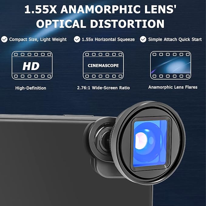 USKEYVISION 1.55X Anamorphic Lens Filmmaking 2.76:1 Ratio Lens for iPhone 15/14/13 Mini/Pro/Max Andorid Smartphone Lens Compatible w/FilmicPro FotorGear Promovie App(UVAL-1.55XS) Black