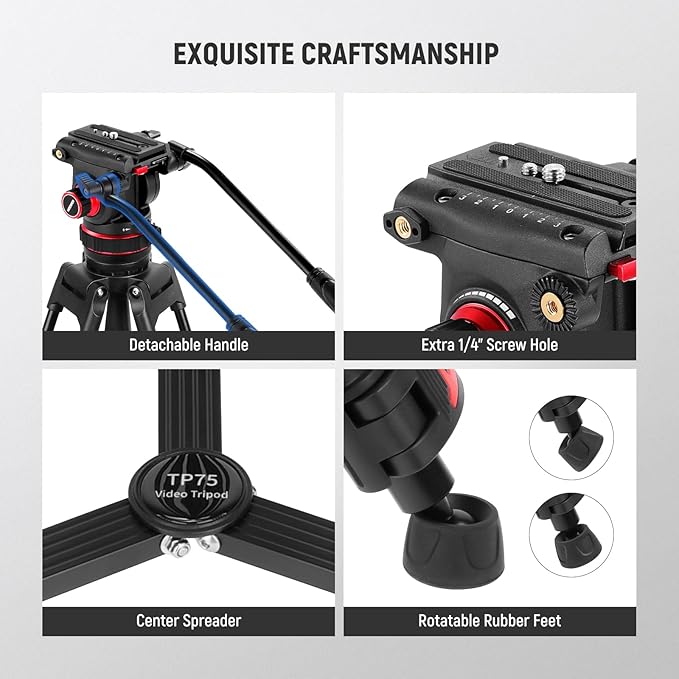 NEEWER 74" Video Tripod with Adjustable Damping Fluid Head, Metal Heavy Duty Dual-Mode QR Plate Compatible with DJI RS Gimbals, Flexible 360° Pan&+90°/-75° Tilt, Max Load 22lb/10kg, TP75