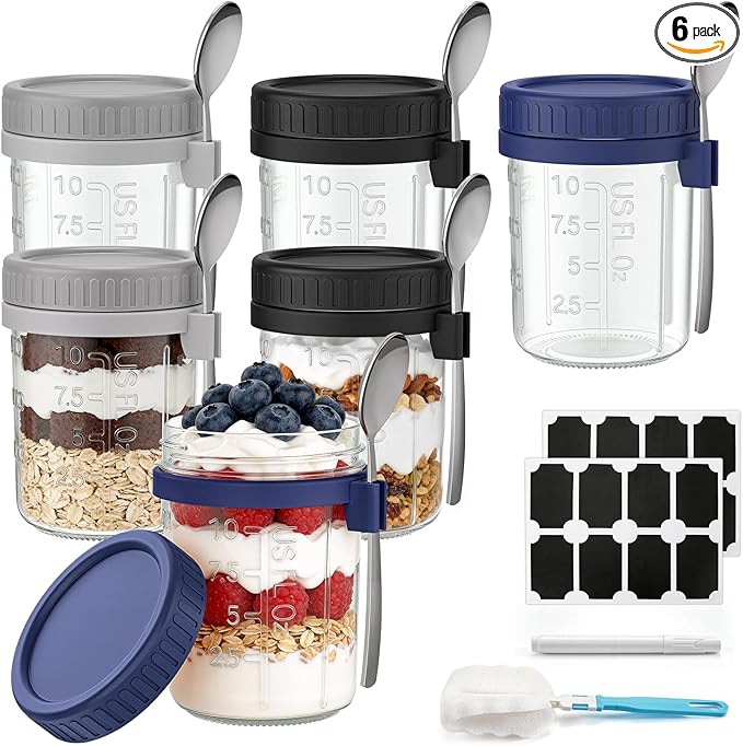 Cozyverge 6 Pack Overnight Oats Containers with Lids and Spoons, 16 oz Airtight Oatmeal Container with Measurement Marks, Overnight Oats Jars Large Capacity Airtight Jars for Milk, Cereal, Fruit