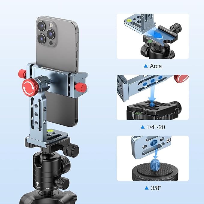 Phone Tripod Mount Aluminum Alloy, 360° Rotatable Phone Stand Holder Clamp with Cold Shoe and Arca Base Compatible with iPhone 15 Pro Max Galaxy S24 Ultra Pixel & 2.5"-4" Wide Smartphones