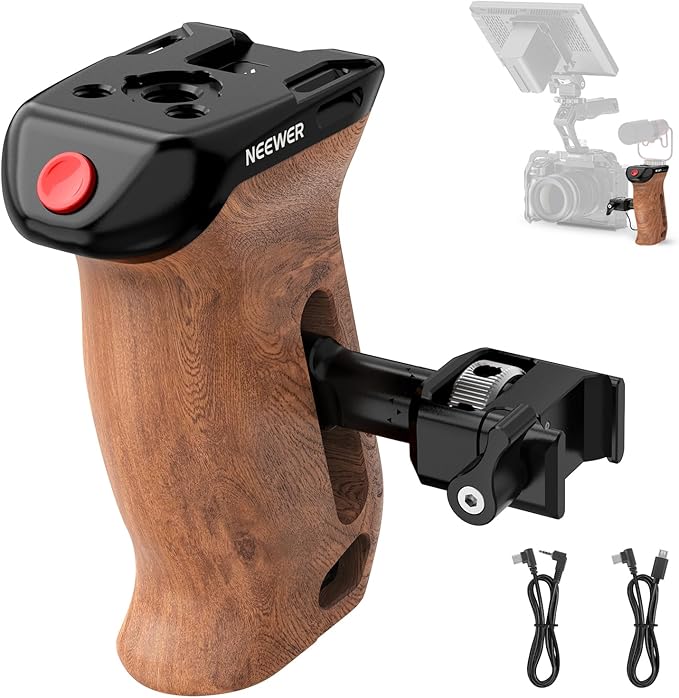 NEEWER Wooden Side Handle with Record Start/Stop Remote Trigger NATO Clamp 1/4" & 3/8" Threads Vertical Adjustment 22lb Load Compatible with SmallRig Camera Cage Sony Fujifilm Panasonic, CA123