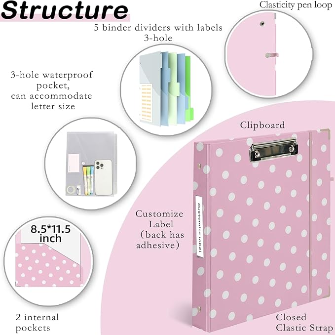 Etzul 3 Ring Binder 1 inch with Clipboard - Pink Polka Dot Design, Includes Dividers, File Bag & Spine Label - Fun and Functional for School or Office, Holographic Waterproof Film