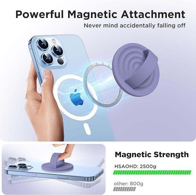 Upgraded Magnetic Phone Grip, Liquid Silicone Soft and Portable, Removable Finger Loop Ring Grip Holder for iPhone, Strong Magnetic Attraction, Compatible with MagSafe Phone Case, Lavender Gray