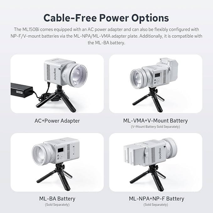 Godox ML150Bi Bi-Color COB LED Video Light 165W, 61054Lux@1m, 2800K-6500K, 11 FX, Compact COB LED Continuous Output Lighting for Studio & Outdoor Shooting, APP/DMX/RDM Control, Handheld LED Monolight