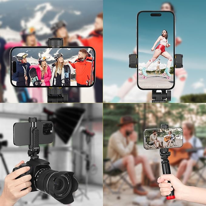 Phone Tripod Mount, Universal Tripod Phone Holder with 2 Cold Shoe and 1/4" Screw, 360° Rotates and 180° Tilts Adjustable Cell Phone Mount Adapter, Camera Phone Clamp for iPhone & All Phones