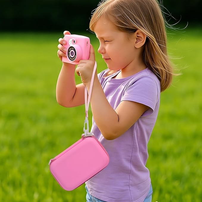 Kids Instant Print Camera Case for ESOXOFFORE Digital Video Cameras with 3 Rolls Paper Refill, Toddler Film Camera Storage Holder Bag with Mesh Pocket for Thermal Paper Accessories (Box Only) - Pink