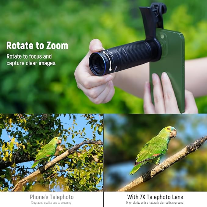 NEEWER 7X Telephoto Lens with Phone Camera Lens Clip, Detachable 10X Macro for 17mm Threaded Backplate/Phone Cage/Case Compatible with iPhone Samsung, LS-36 Ultra