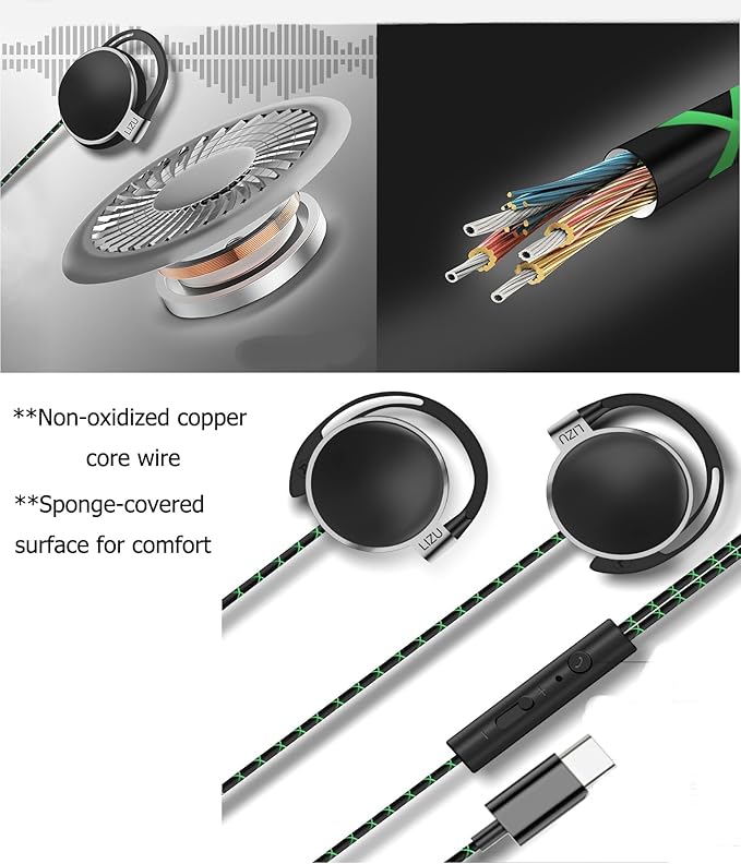 C-YOUNG USB C Headphones Over-Ear Buds Hooks Microphone for Sports Running & Volume Control, Fit Small Ears Type C Wired Earbuds, Compatible with iPad and Android Smartphones