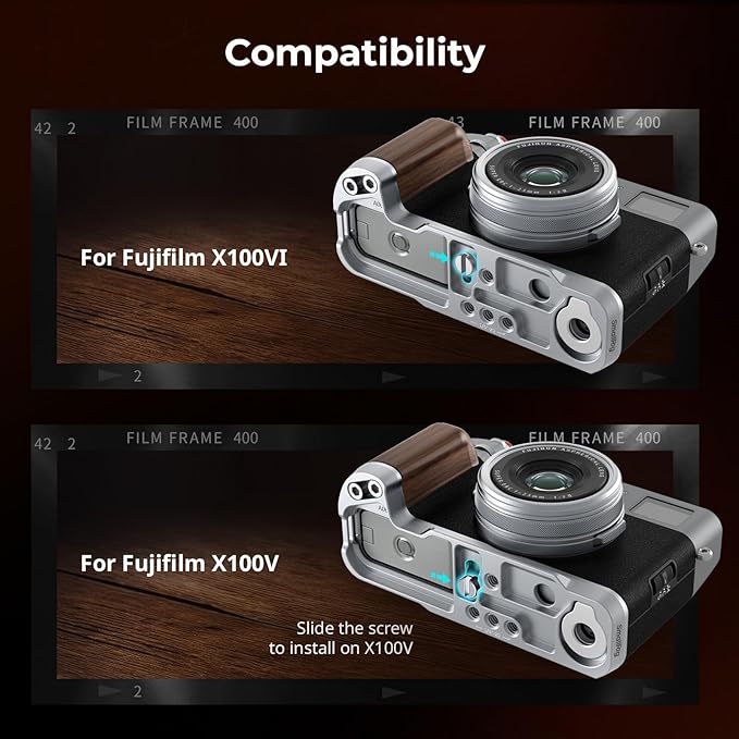 SMALLRIG X100VI / X100V Handgrip, Wooden L-Shape Grip for FUJIFILM X100VI / X100V Camera, Built-in Quick Release Plate for Arca, with Shutter Button and Hot Shoe Cover, Silver - 4804