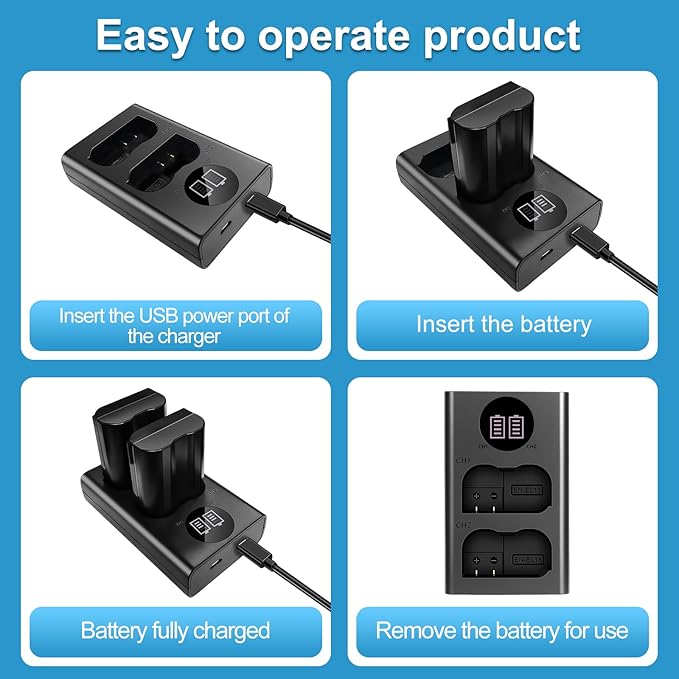 EN-EL15 Replacement Battery with LCD Dual Charger - 2800mAh Li-ion Battery for Nikon D850 D750 Z6II Z7II Z5 D500 D7500 D800 Z8 Zf D810 D800E D810A D600 D610 1 V1 DSLR & Mirrorless Cameras
