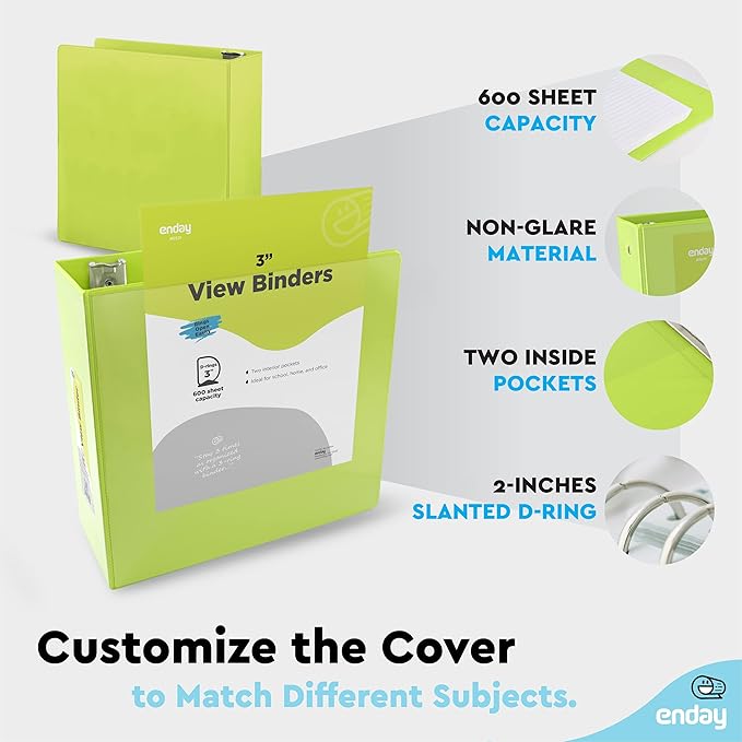Enday 3 inch Binder (24 Pack - Assorted Colors) 3 Ring Binder 3 inch with Clear View Cover and 2 Inside Pocket - for Letter Size 8.5 x 11'' Paper, Ideal for School Supplies, Office, and Home