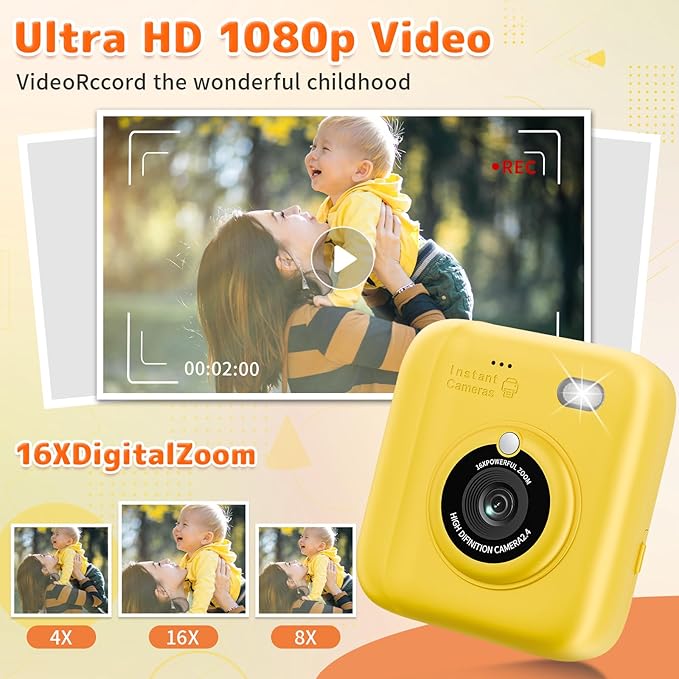 Instant Print Camera for Kids, Christmas Birthday Gifts for Girls Boys, 1080P Instant Digital Print Cameras for Toddler,Portable Toy for 4 5 6 7 8 9 10 Year Old Girl with 32GB SD Card，Yellow