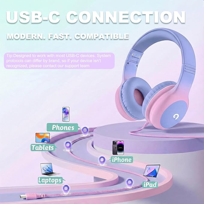 Wired Kids Headphones with USB C Plug, 85dB Safe Volume, Adjustable Headband, Tangle-Free Cord Headphones for School, Tablet, Travel (Light Purple & Pink, Without Microphone)
