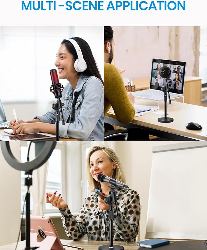Moukey Mic Stand Desk Adjustable Tabletop Microphone Stand with Non-Slip Mic Clip, Short Table Mic Stand with Gear Fixing, Boom Arm, 3/8" and 5/8" Adapter, MMs-5