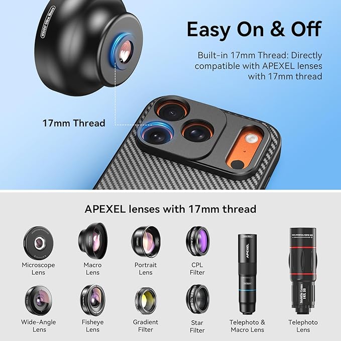 APEXEL 17mm Thread Lens Phone Case Compatible for iPhone 17 Pro, Compatible with All Telephoto & Macro Lenses, Durable Protective Cover Black