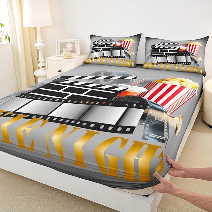Erosebridal Movie Sheet Set King Home Theater Decor Bed Sheets Set for Boys Girls Family Vintage Cinema Style Sheets Movie Theater Fitted Flat Sheet Clapboard Popcorn Filmstrip Print Bedding Sets