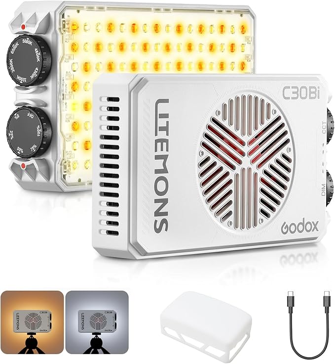 Godox Litemons C30Bi Bi-Color LED Video Panel Light, Portable Camera Photo Light CRI94+ 2800K-6500K Dimmable Panel Lamp 3400mAh Rechargeable Ultra Bright for Video Lighting, LED Fill Lamp