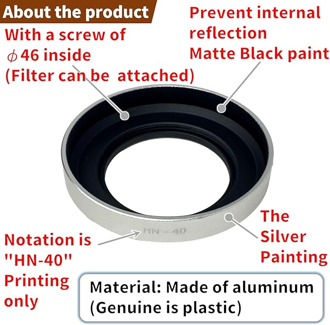 F-Foto Silver Color Metal Lens Hood HN-40SU for Nikon NIKKOR Z DX 16-50mm F3.5-6.3 VR on Z30 Z fc ZFC Z50, Replace Nikon HN-40 Lens Hood, Compatible w 46mm Filter and 46mm Cap, HN-40SU