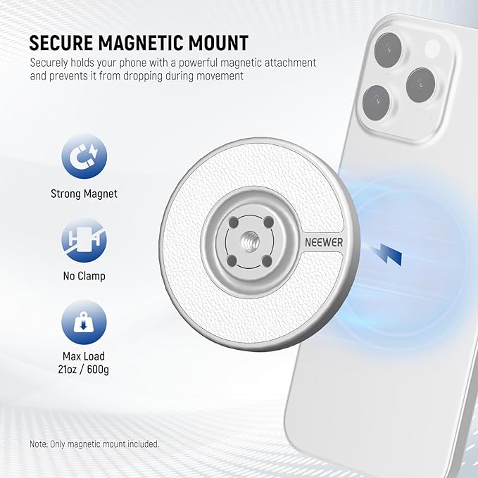 NEEWER Magnetic Phone Tripod Stand Mount Adapter with Adhesive Metal Ring 1/4" Thread Accessories Compatible with MagSafe iPhone 16 Pro Max 15 14 13 12 Selfie Stick Holder for Video Recording, PA080
