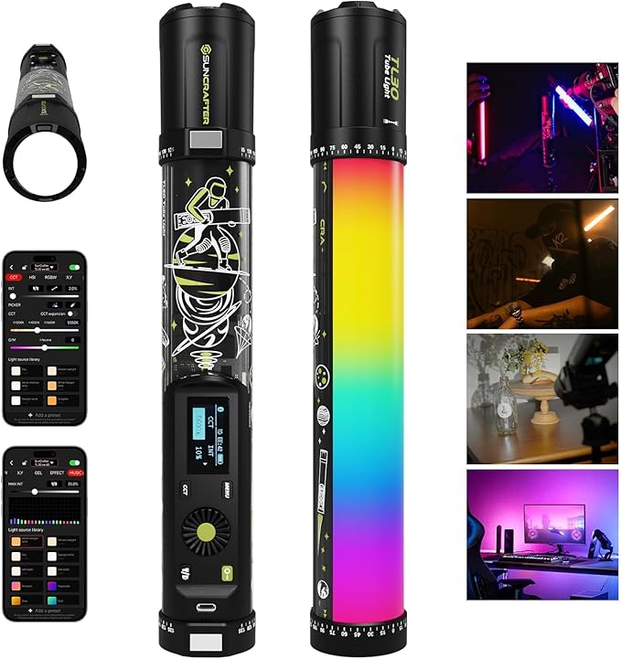 TL30 RGB Light Tube, RGBWW 360° Adjustable Magnetic Video Lighting Wand Stick with Smart APP Control, 2700K-10000K CRI96+ TLCI99+, 21 Scenes, Focus-Adjustable Spotlight, 5000mAh Battery