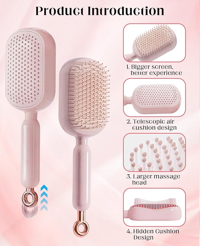 Retractable Self Cleaning Hair Brush for Women, Cleaning Portable Anti-Static Cushion Massage Hairbrush Comb