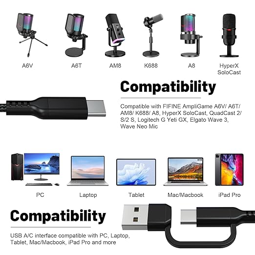 USB A/C to Type C Microphone Cable Cord Compatible with Fifine AmpliGame A6V/ A6T/ AM8/ K688/ A8, HyperX SoloCast, QuadCast 2/S/2 S, Logitech G Yeti GX, TONOR TC30, Elgato Wave 3, Wave Neo Mic 10Ft
