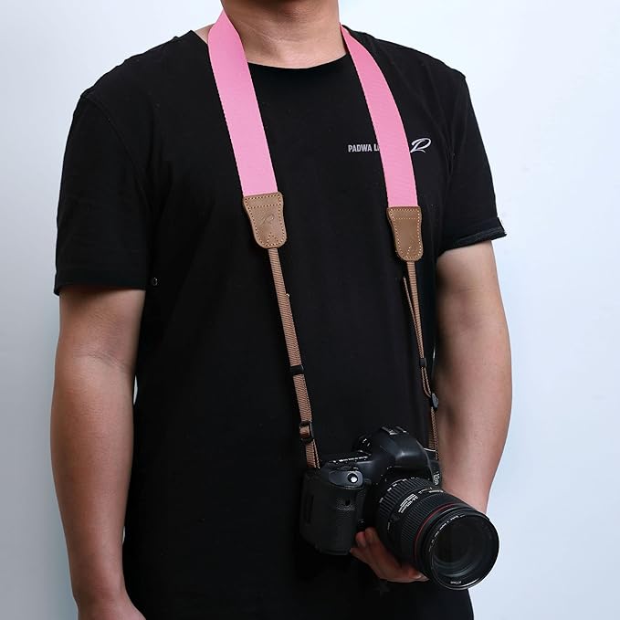 Padwa Lifestyle Pink Camera Straps - Double Layer Crazy Horse Cowhide Head,1.5" Wide Pure Cotton Woven Camera Straps,Adjustable Shoulder & Neck Strap for DSLR Cameras,Great Gift for Photographers