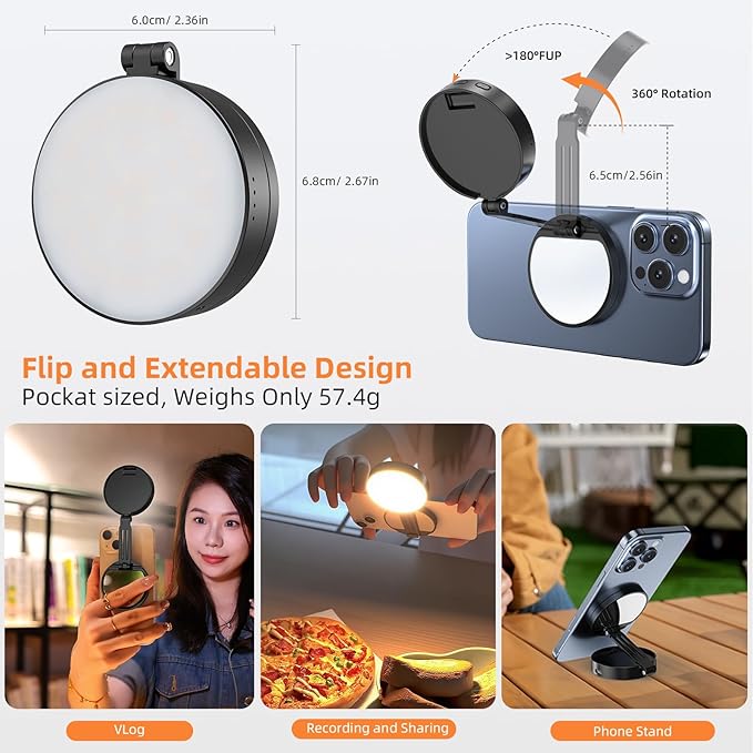 Magnetic Selfie Light Portable Fill Light Compatible with iPhone Magsafe, 5 LED Modes CRI95+ Phone Ring Light with Mirror Rechargeable Selfie Light for Photography Video Conference Makeup
