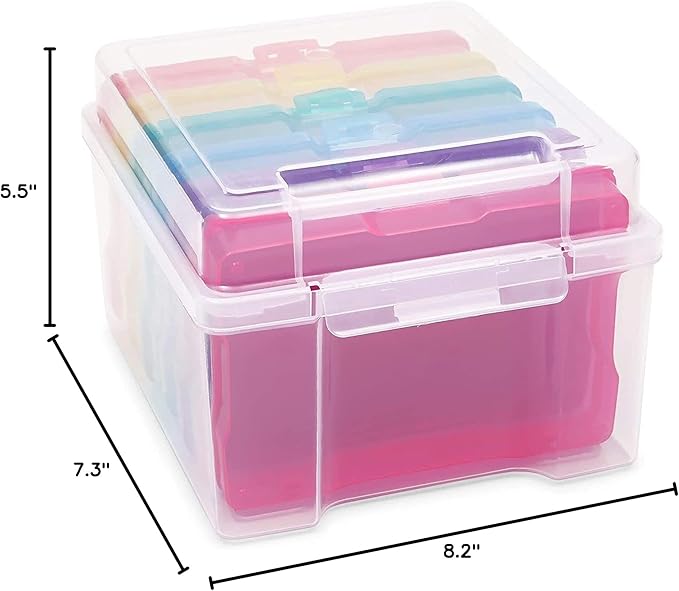 Paper Junkie Photo Storage Box - 4 x 6 in Clear Plastic & 6 Multicolor Inner Cases - Snap-Close Photo Storage Containers & Sticker Box