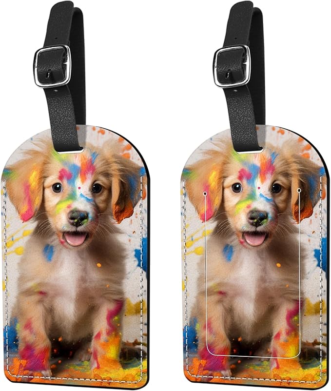 2 Pack Luggage Tag Suitcase Tags PU Leather Identifiers Privacy Cover Luggage Tags Aesthetic Cute Travel Bag Labels for Women Girls Men-Dog