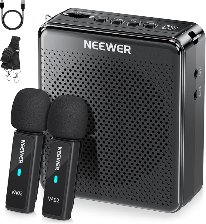NEEWER VA02 Voice Amplifier with Wireless Microphone, Portable Mini USB C Rechargeable Noise Cancelling Sound Speaker Megaphone & Mic Set, 10Hrs, 15m Range for Classroom Teachers Trainers Tour Guides