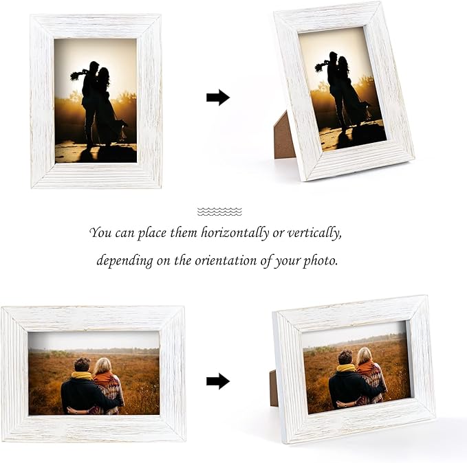 Wooden 5 x 7 Picture Frame Distressed Farmhouse Weathered Rustic Photo Frame Vintage White Wood Grain & Clear Glass Front Tabletop Display Wall Mounting Wedding Baby Family Portraits Home Office Decor