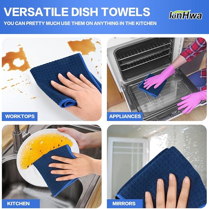KinHwa Microfiber Dish Cloths Thick Waffle Weave Kitchen Dish Rags Ultra Absorbent Dishcloths 12inch x 12inch 6 Pack - Navyblue