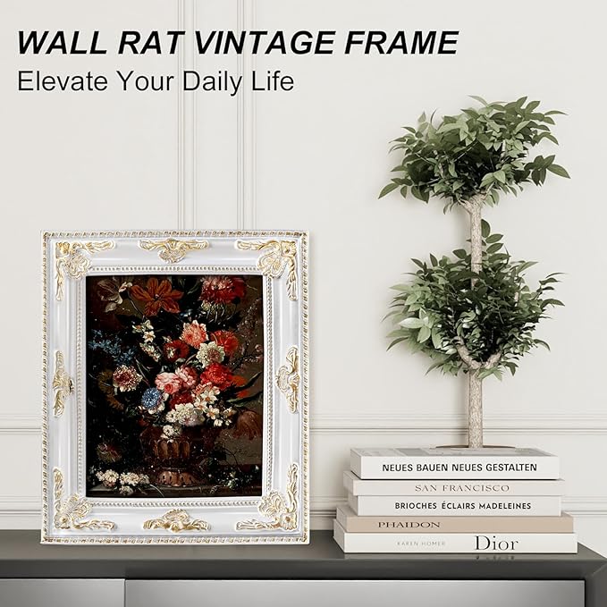 8x10 White Picture Frame Vintage Antique Gothic Baroque Design with Mat for 5x7 or 8 x 10 Photos, Wall or Tabletop Display, Retro Home Decor Accent for Weddings & Family Photos
