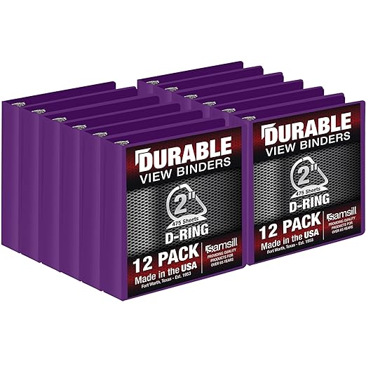 Samsill Durable 2 Inch Binder, Made in The USA, D Ring Binder, Customizable Clear View Cover, Purple, 12-Pack, Holds 475 Pages