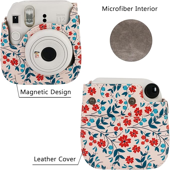 Frankmate Protective Case Compatible with Fujifilm Instax Mini 12 11 9 8 Instant Film Camera with Pocket and Adjustable Strap (Flowers Red)