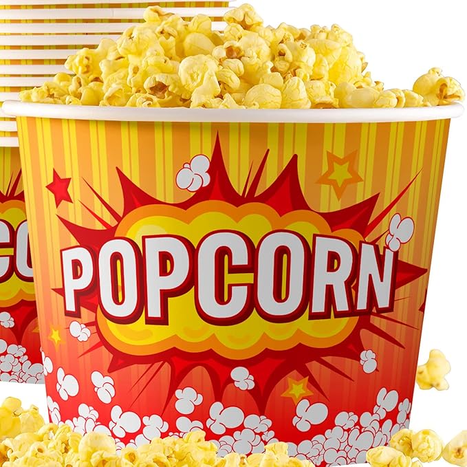 Greaseproof, Retro 85oz Popcorn Buckets 3 Pack. Durable Pop Corn Tubs in Red and Yellow. Large Disposable Leak-Free Containers Perfect For Movie Night, Theme Party, Theater, Carnivals & Fundraisers