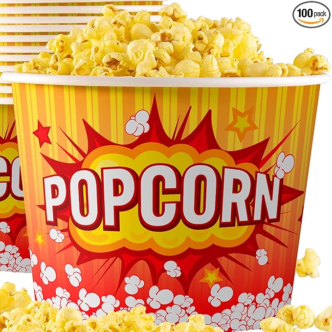 Greaseproof, Retro 85oz Popcorn Buckets 100 Pack. Durable Pop Corn Tubs in Red and Yellow. Large Disposable Leak-Free Containers Perfect For Movie Night, Theme Party, Theater, Carnivals & Fundraisers