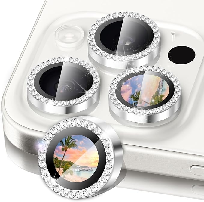 Camera Lens Protector Bling Compatible for iPhone 16 Pro/iPhone 16 Pro Max,9H Tempered Glass Camera Cover Screen Protector,HD Clear,Aluminum Alloy Ring Decoration (Diamond Silver)
